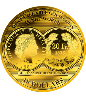 La monnaie 1/100 d'once or pur «20 Francs Suisse Or 1883» grand diamètre: 45 mm ! 